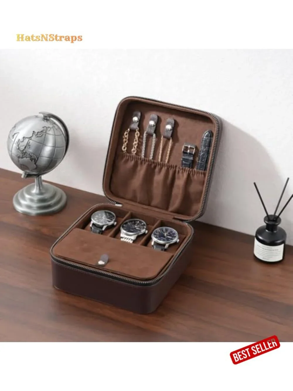 PU Leather Travel Watch Case, 3 Slots Zippered Organizer for Men